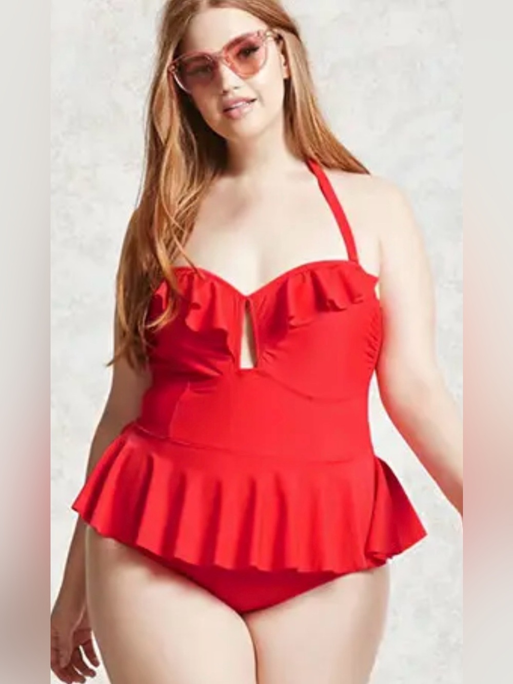 Forever 21 plus size 2X Cherry Red Ruffle Peplum Halter One Piece Swimsuit